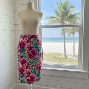 J.Crew Pencil Skirt Old Hawaii 12 Pink Floral Tropical Hibiscus Burlap Vacation